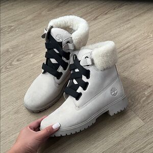 Timberland Women's Cream Moto Boots with Black Straps